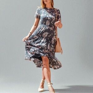 Bohme Teal Floral Sheer Overlay Midi Dress Size S